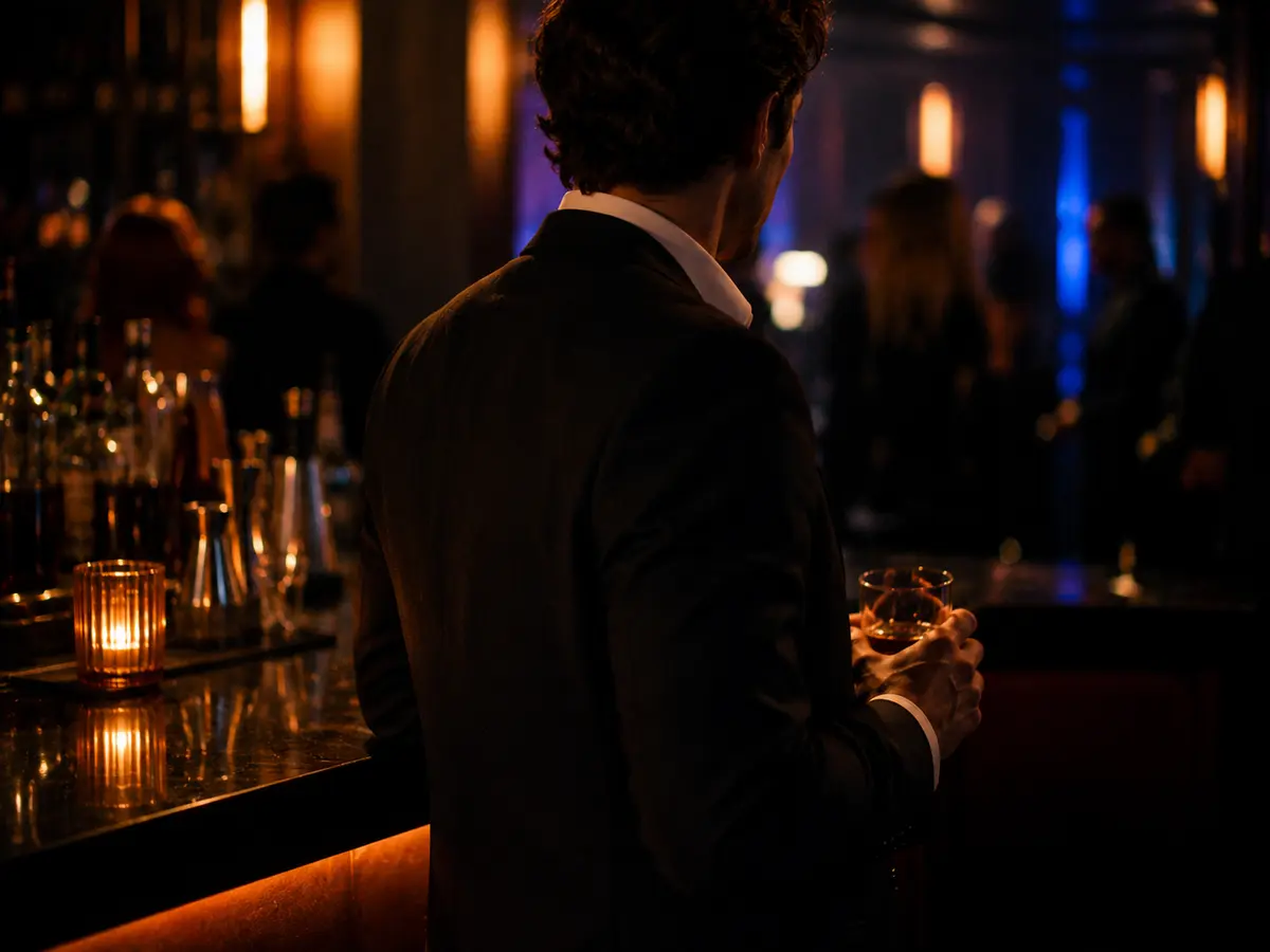 Homme élégant de dos au bar d'un club libertin