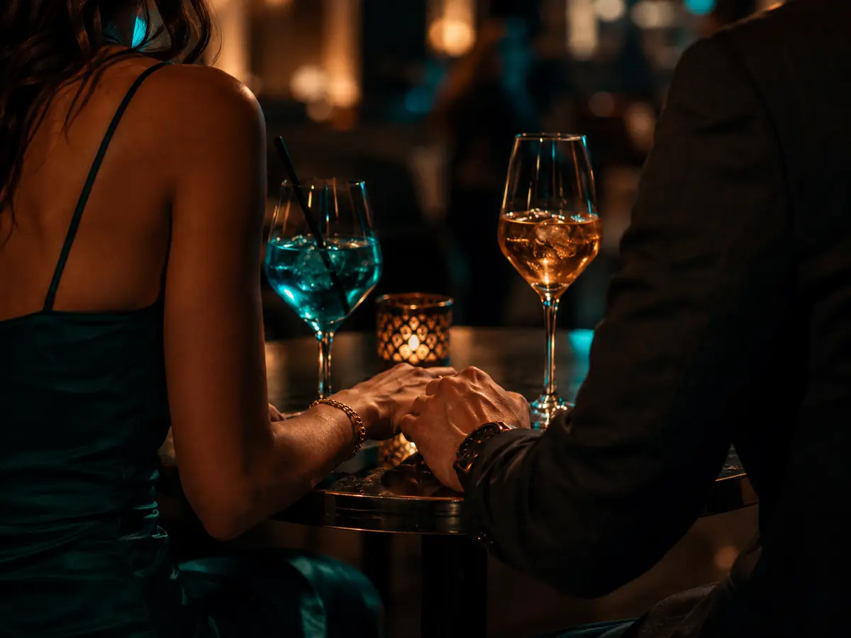 Couple complice vu de dos sur une banquette de club